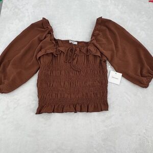 Blanque Brown L Smocked Square Neck Puff Sleeve Ruffle Crop Top Festival Boho
